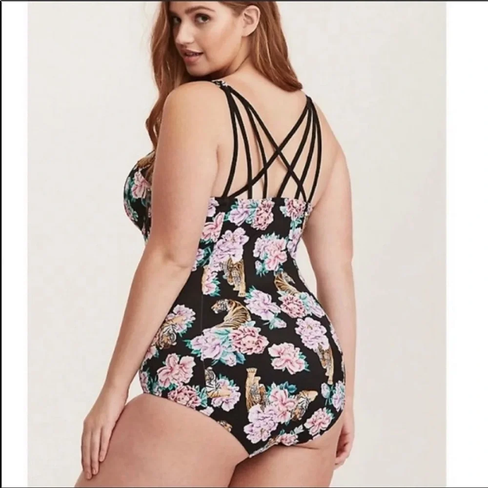 Torrid tiger floral lattice back swimsuit